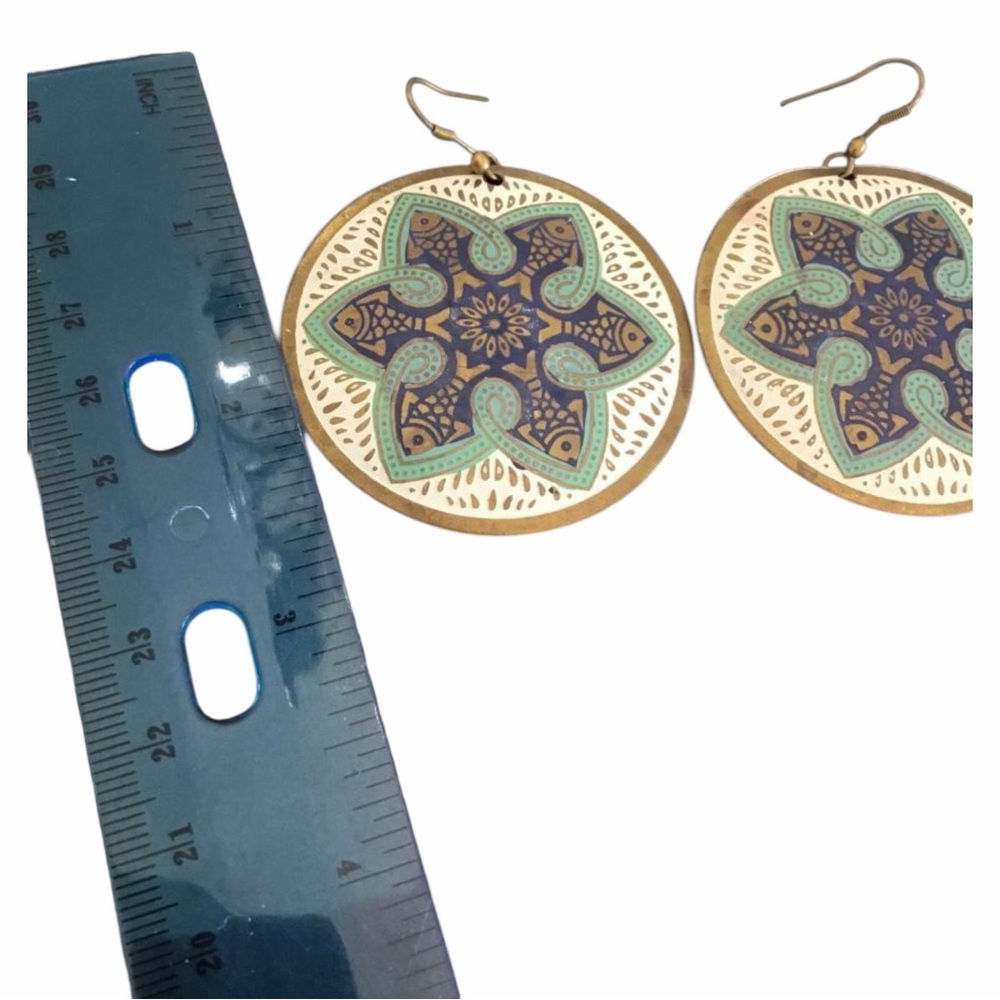 Vintage Brass Fish Mandala Statement Earrings - Picture 3 of 4